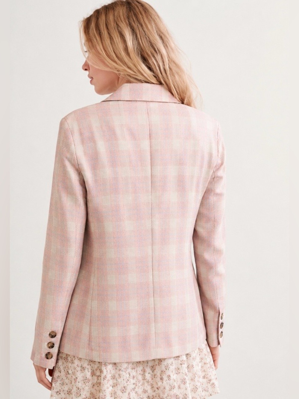 Hem & Thread Pink and Cream Plaid Double-Breasted Blazer Size Small - Picture 2 of 13